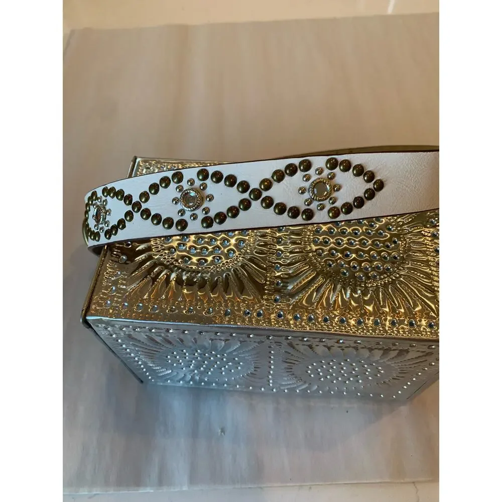 Womens White Studded Belt Faux Leather Rhinestone Stars Glamorous Cowgirl Flaw
